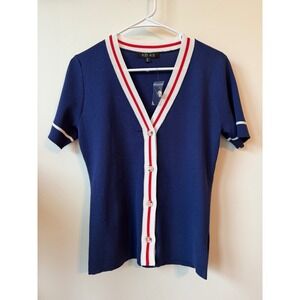 FORE Navy Blue Varsity Stripe Short Sleeve Knit Cardigan Top Size Medium